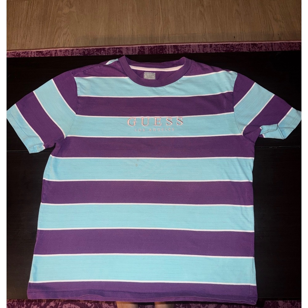 Guess Los Angeles Striped T-Shirt Purple Blue Logo Medium